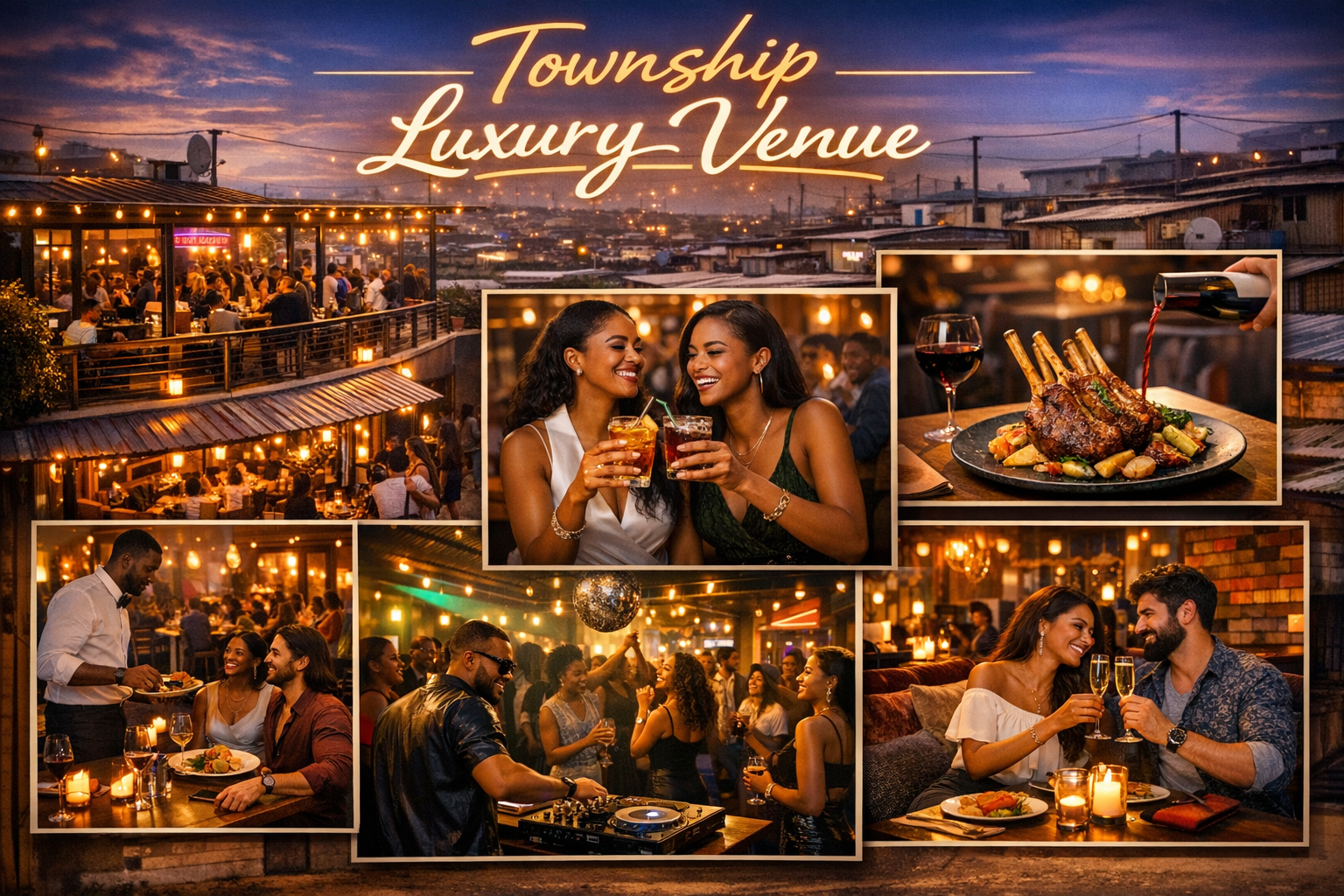 Modern events venue setup with stage, decor, and seating for guests